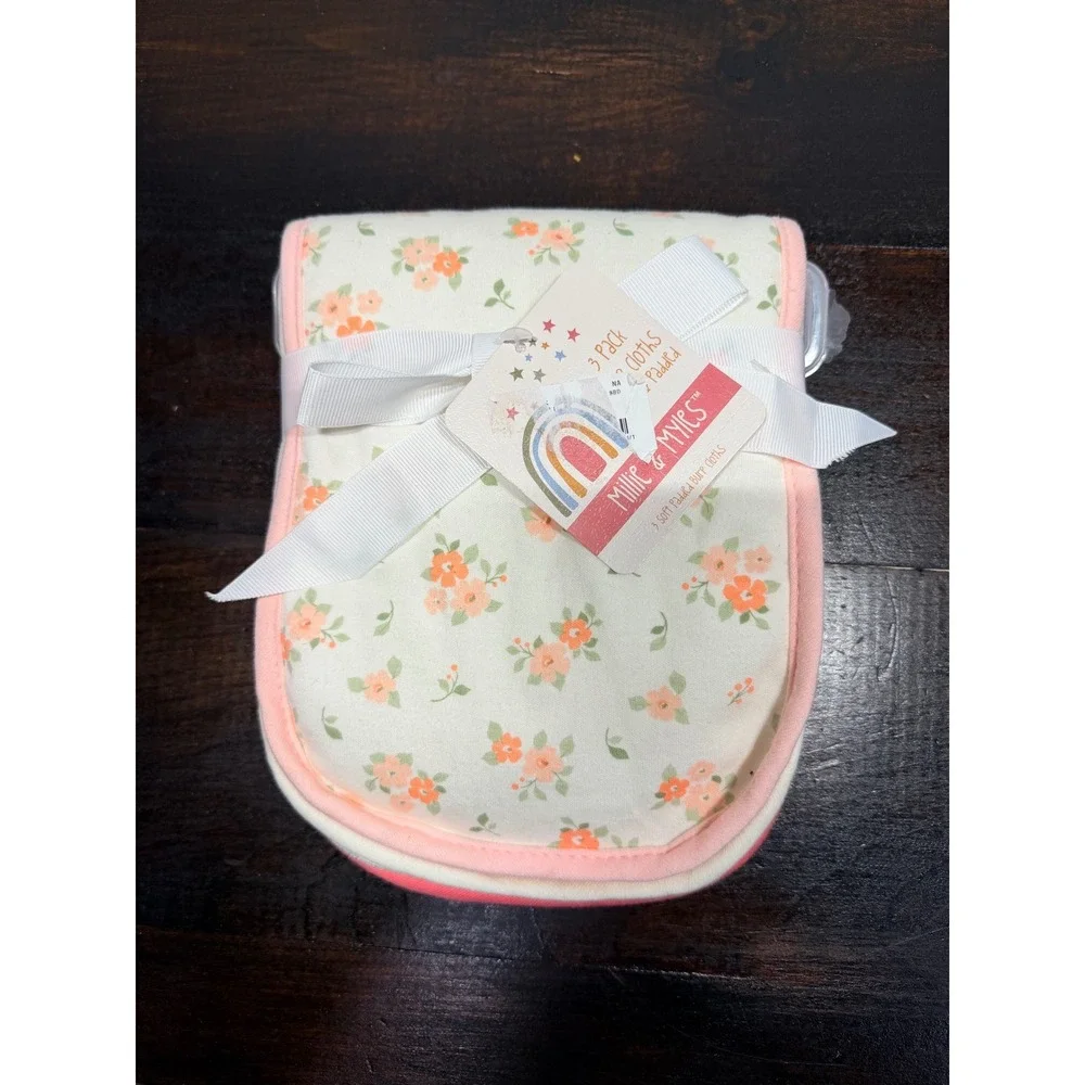 Millie & Myles 3 Pack Baby Bibs Burp Cloths Floral‎ Pink Polka Dot